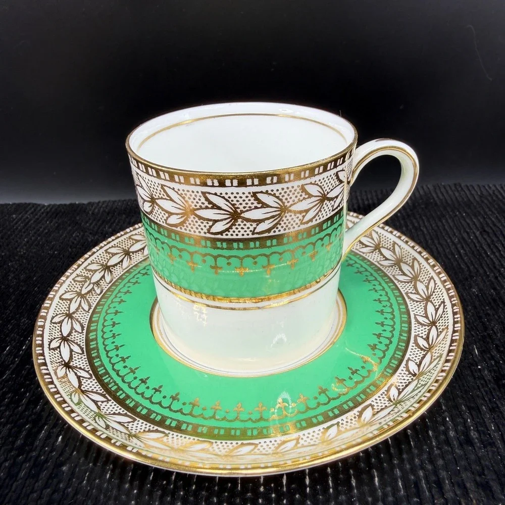 Aynsley Bone China Demitasse Cup Saucer Set Dresden Green Gold‎ Gilt Laurel Leaf